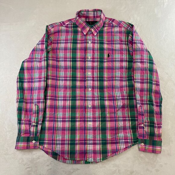Polo Ralph Lauren Shirt Men's Large Button Down Madras Plaid Pink Green Yellow - Picture 1 of 11